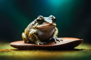 une grenouille séance sur Haut de une rock. généré par ai photo