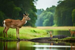 une cerf et deux alligators permanent près une rivière. généré par ai photo