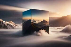 une cube dans le ciel avec des nuages et montagnes. généré par ai photo