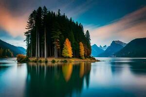 une Lac entouré par des arbres et montagnes. généré par ai photo