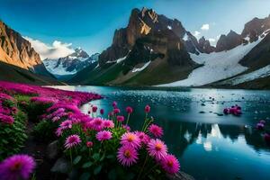 le fleurs sont épanouissement dans le montagnes. généré par ai photo