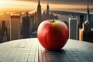 un Pomme est assis sur Haut de une table dans de face de une paysage urbain. généré par ai photo