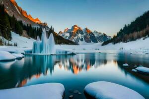 une congelé Lac entouré par neige et rochers. généré par ai photo