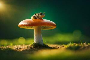 une grenouille est assis sur Haut de une champignon. généré par ai photo