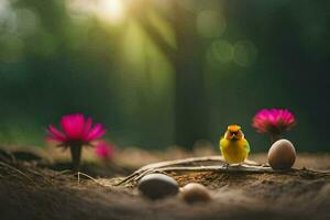 photo fond d'écran oiseau, le soleil, fleurs, le forêt, le oiseau, le oiseau, le. généré par ai