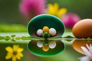 une coquille avec des œufs et fleurs dans il. généré par ai photo