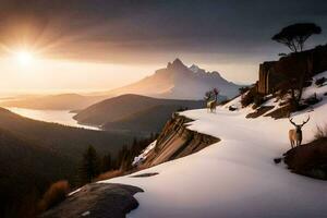 une cerf des stands sur une neigeux Montagne Haut avec le Soleil réglage derrière il. généré par ai photo