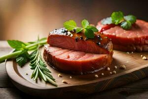 deux pièces de Viande sur une en bois Coupe planche. généré par ai photo