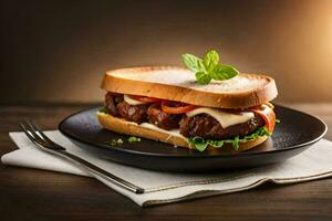 une sandwich avec Viande et fromage sur une noir plaque. généré par ai photo