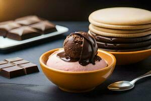 Chocolat la glace crème avec biscuits et Chocolat barres. généré par ai photo