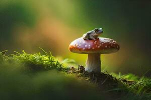 une petit grenouille est assis sur Haut de une champignon. généré par ai photo