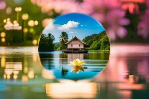 une maison dans le l'eau avec une lotus fleur. généré par ai photo