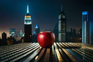 un Pomme est assis sur Haut de une table dans de face de une ville ligne d'horizon. généré par ai photo