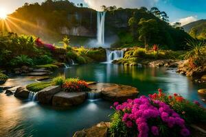 magnifique cascade et coloré fleurs dans le tropical jardin à le coucher du soleil. généré par ai photo