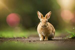 une lapin est séance sur le sol dans de face de une vert Contexte. généré par ai photo