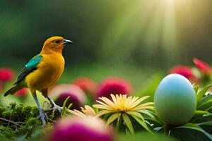 photo fond d'écran oiseau, le soleil, fleurs, vert, oiseau, printemps, fleurs, vert,. généré par ai