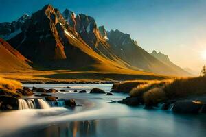 le Soleil monte plus de le montagnes dans Islande. généré par ai photo