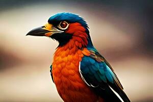 une coloré oiseau avec une bleu tête et Orange corps. généré par ai photo