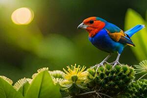 une coloré oiseau est assis sur Haut de une plante. généré par ai photo