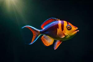 une coloré poisson avec brillant Orange et bleu rayures. généré par ai photo