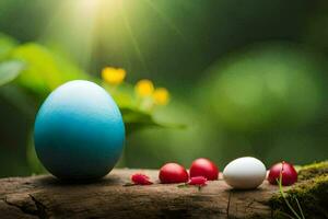 un Pâques Oeuf et certains rouge et blanc fleurs. généré par ai photo