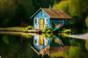 une petit bleu maison est assis sur le bord de une lac. généré par ai photo