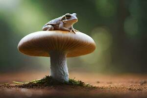une grenouille est assis sur Haut de une champignon dans le forêt. généré par ai photo