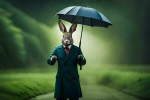 une lapin dans une costume en portant un parapluie. généré par ai photo