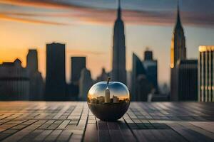 un Pomme séance sur une table dans de face de une ville ligne d'horizon. généré par ai photo