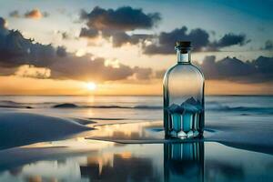 une bouteille de l'eau est assis sur le plage à le coucher du soleil. généré par ai photo