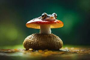 une grenouille séance sur Haut de une champignon. généré par ai photo