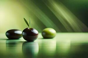 Trois vert Olives sur une table avec une vert Contexte. généré par ai photo