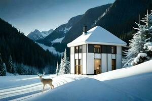 une petit maison avec une cerf dans le neige. généré par ai photo