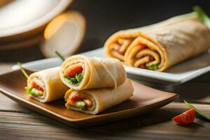 une assiette avec certains Rouleaux et des légumes. généré par ai photo