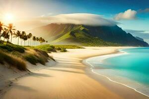 le plage et paume des arbres sur le plage. généré par ai photo