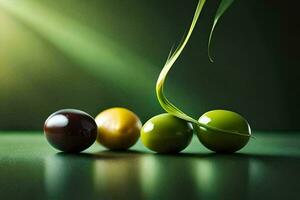 Trois Olives sur une vert surface avec une vert feuille. généré par ai photo