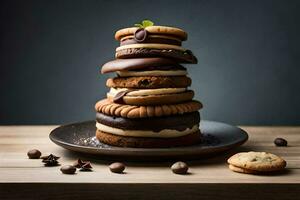 une empiler de biscuits et Chocolat frites sur une plaque. généré par ai photo