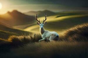 une cerf des stands dans le herbe avec le Soleil réglage derrière il. généré par ai photo