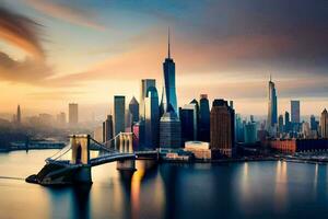 le Nouveau york ville horizon à le coucher du soleil. généré par ai photo