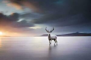 une cerf des stands dans le l'eau à le coucher du soleil. généré par ai photo