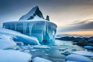 une congelé iceberg dans le l'eau avec une grand rock. généré par ai photo