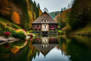 une maison est assis sur le bord de une Lac entouré par des arbres. généré par ai photo