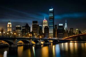 le ville horizon à nuit avec lumières reflétant de le l'eau. généré par ai photo