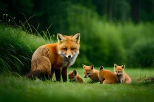 une Renard famille dans le herbe. généré par ai photo