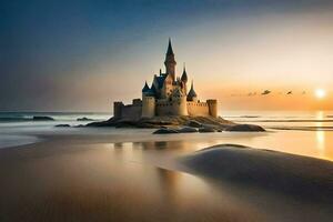 une Château est assis sur le plage à le coucher du soleil. généré par ai photo