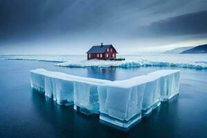 une rouge maison est assis sur un iceberg dans le milieu de le océan. généré par ai photo