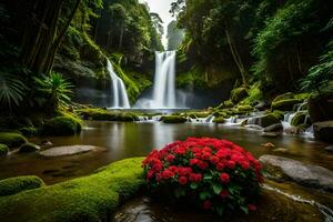 cascade dans le jungle avec rouge fleurs. généré par ai photo