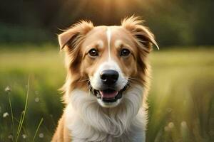 une chien est permanent dans une champ avec le Soleil brillant. généré par ai photo