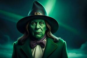 le sorcière est portant une vert costume et chapeau. généré par ai photo