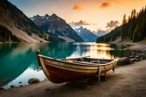 le bateau est sur le rive de une Lac à le coucher du soleil. généré par ai photo